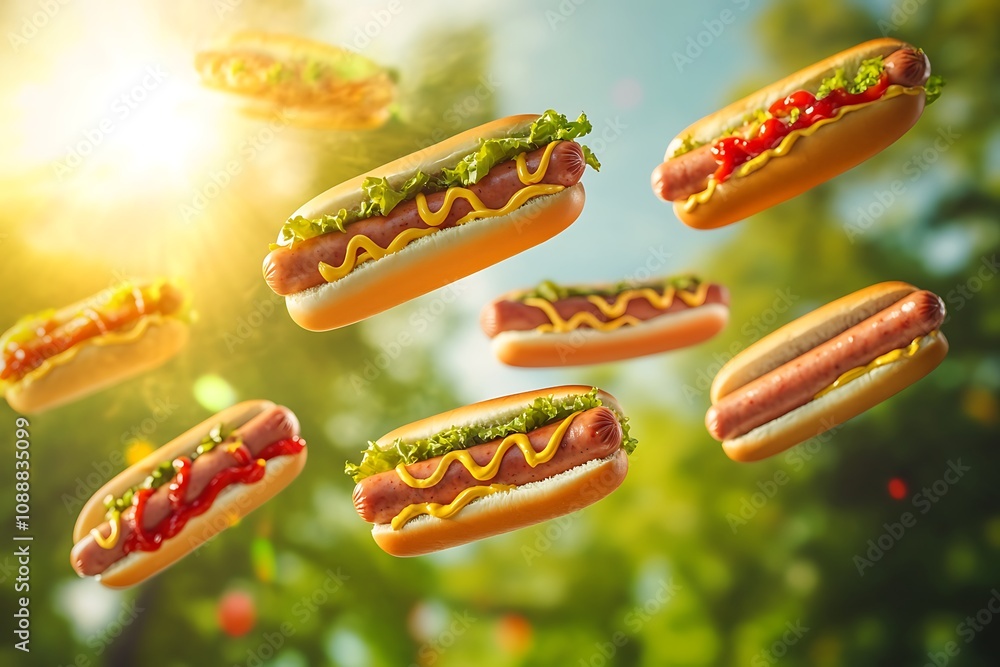 Floating Hot Dogs: A Delicious Summertime Fantasy. Juicy sausages in soft buns, topped with mustard, ketchup, and relish. Perfect for a picnic or cookout! Floating Hot Dogs: A Delicious Summertime Fantasy. Juicy sausages in soft buns, topped with mustard, ketchup, and relish. Perfect for a picnic or cookout!