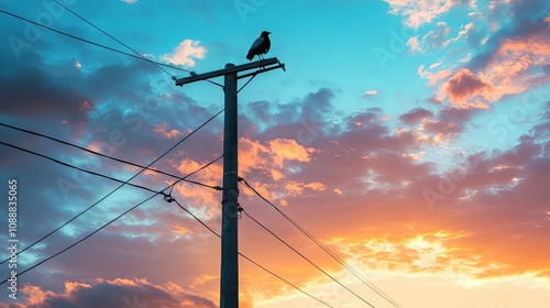 Silhouette of a Bird on a Power Line at Sunset