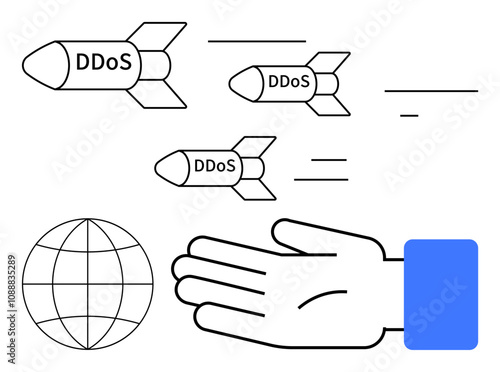 DDoS missiles aiming towards a globe intercepted by a hand. Ideal for cybersecurity, online safety, internet threats, network security, cyberattacks, digital protection, and IT security. Line