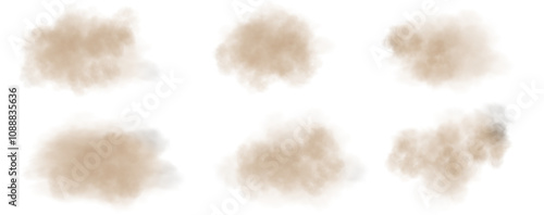 Abstract vector clouds, fog or smoke on an isolated transparent background. Dust cloud. Desert smoke. Sandstorm. 3D smog explosion. Cloud, smoke.Transparency in vector PNG format.