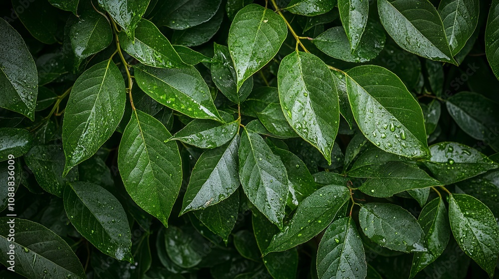 Close Up of Lush Green Leaves with Water Drops Close Up of Lush Green Leaves with Water Drops