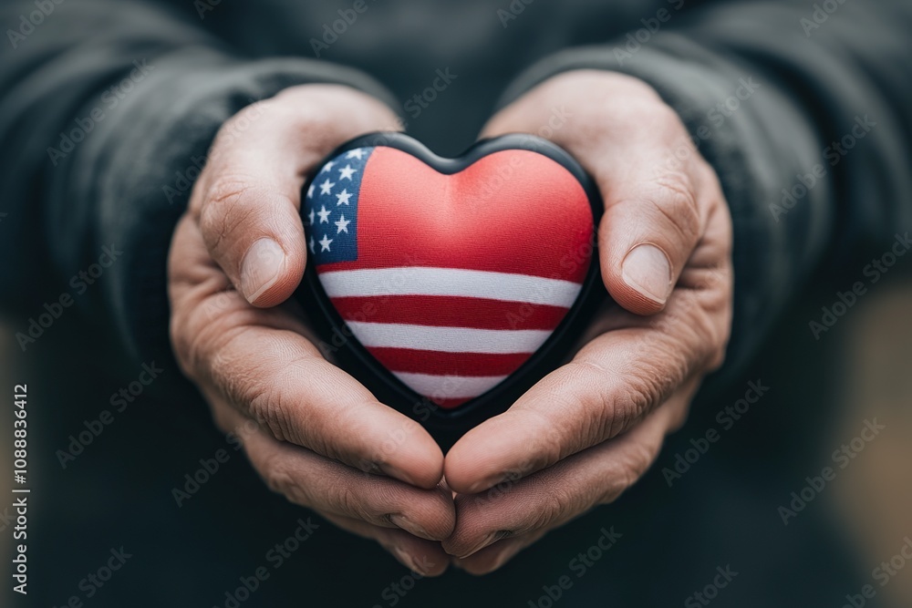 Close-up of an American flag heart in the hands of a man. American heart month. Close-up of an American flag heart in the hands of a man. American heart month.