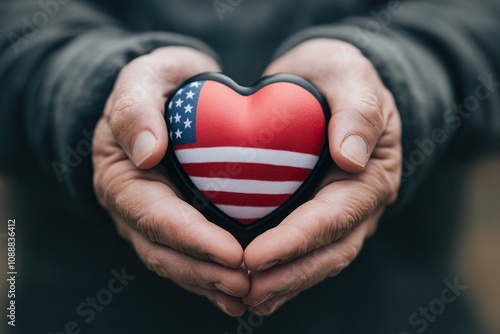 Close-up of an American flag heart in the hands of a man. American heart month. photo