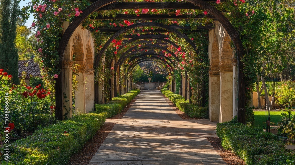 Fototapeta premium Charming Garden Walkway with Vibrant Flowering Arches