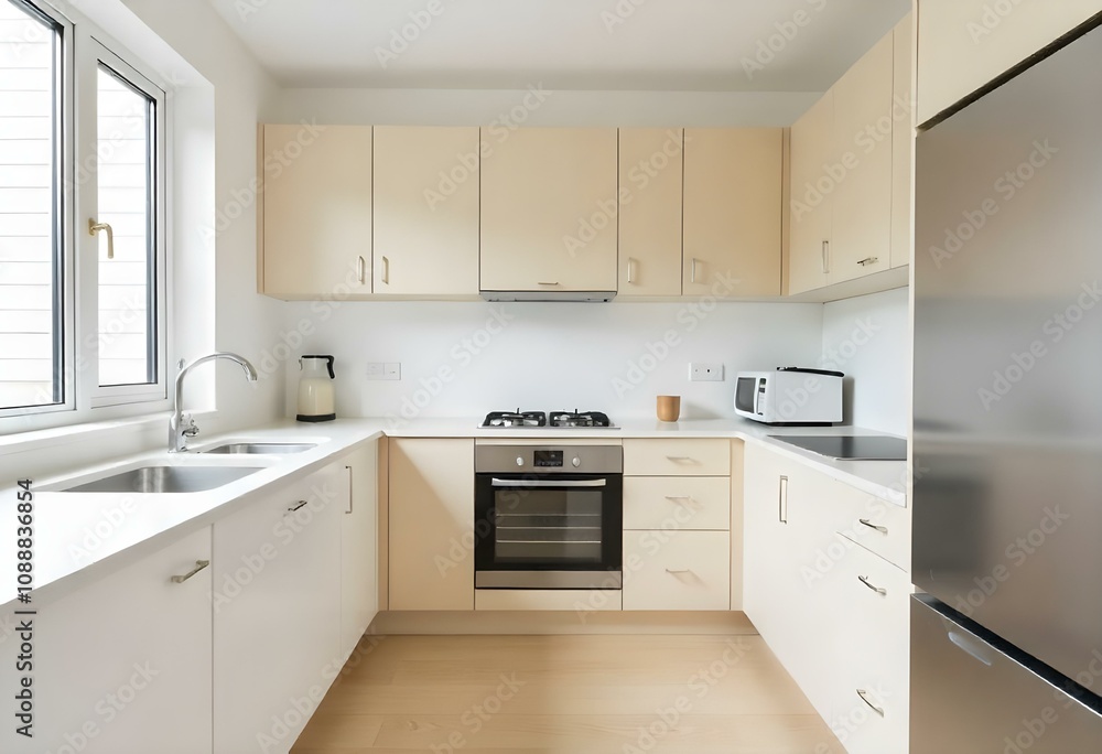 Fototapeta premium A modern kitchen with white walls, light wood cabinets, and stainless steel appliances. The kitchen has a minimalist and clean design