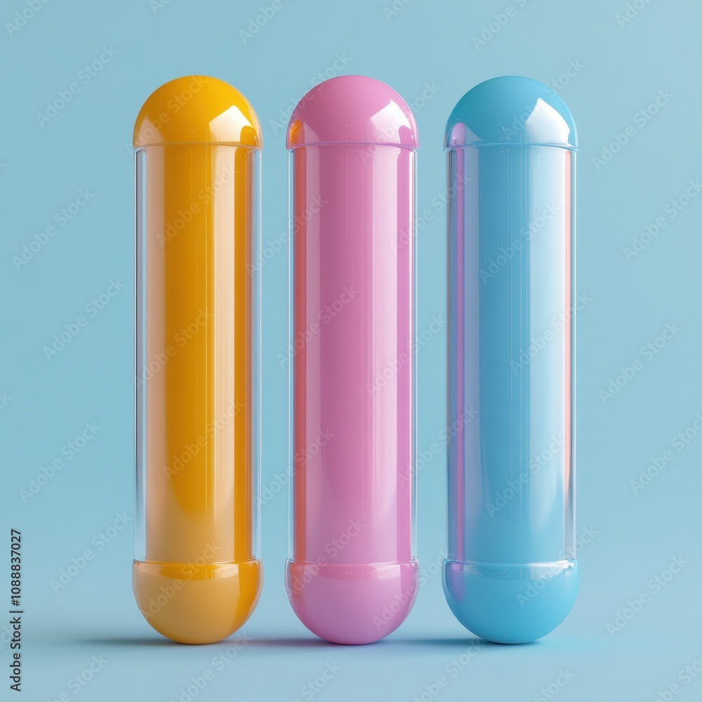 Vibrant Pastel Capsules Arranged Against a Soft Blue Background Vibrant Pastel Capsules Arranged Against a Soft Blue Background