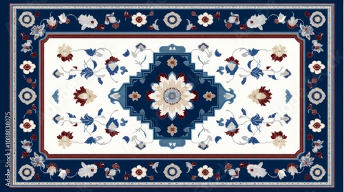 A Traditional Carpet Design Featuring an Intricate Blue and White Floral Pattern with Decorative Borders