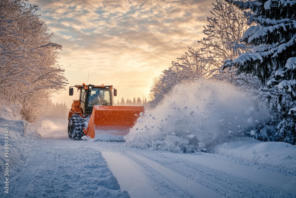 Snowplough in action clearing roads after a winter storm for safe travel and accessibility Snowplough in action clearing roads after a winter storm for safe travel and accessibility