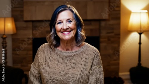 Portrait of сharming mature senior woman at home smiling warmly in a cozy, dimly lit environment. -50-60 years old pretty female adult  in menopause time
