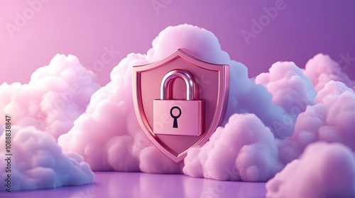 On a purple background, a 3D depiction of the cloud computing security concept with a lock shield highlights data protection and cyber security.  photo