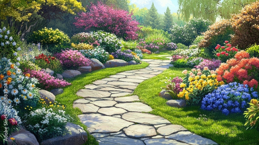 Obraz premium Charming Stone Pathway Through a Flowering Garden