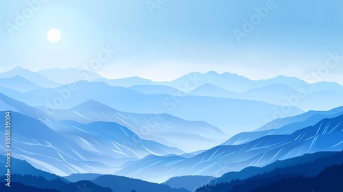 An illustration of a mountain range with a bright blue sky and sun.