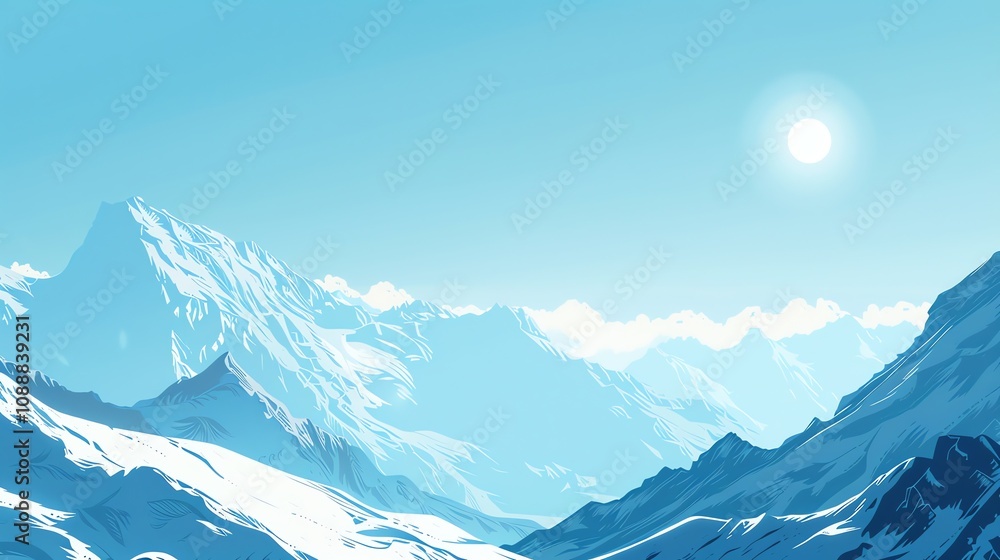 A cartoon illustration of a snowy mountain range with a bright sun in the sky. A cartoon illustration of a snowy mountain range with a bright sun in the sky.