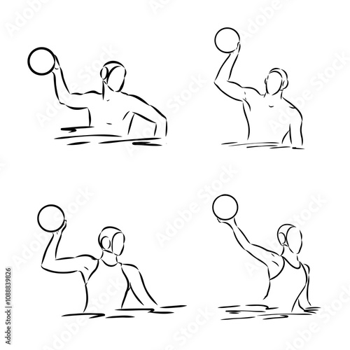stylized sketch of water polo illustration of a water polo player throwing ball set