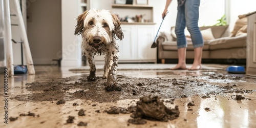 A pet owner scrubbing a muddy floor, while their dog, covered in dirt