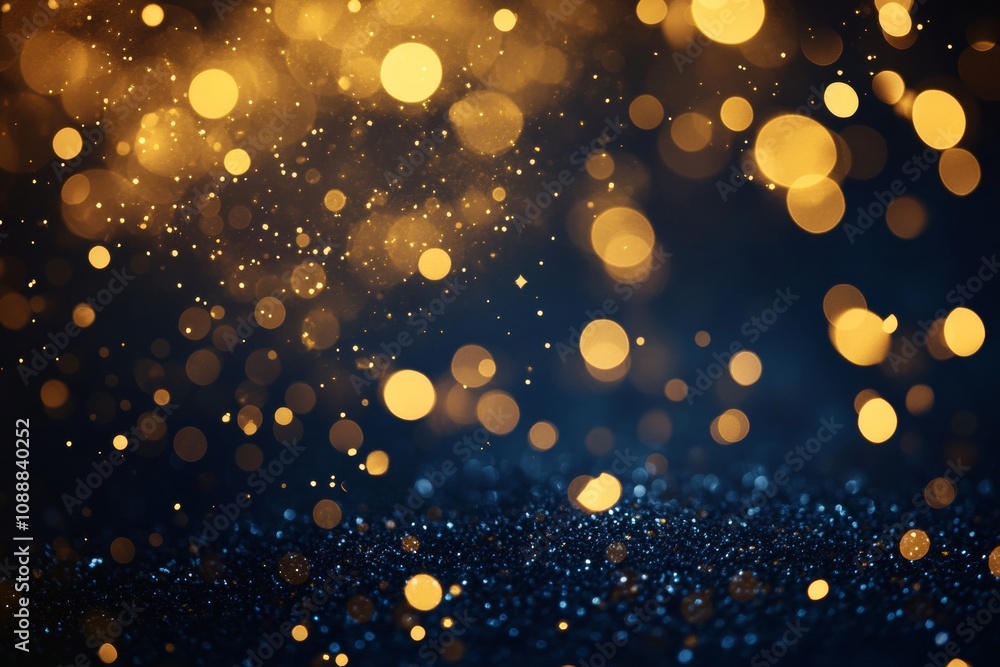 Abstract background featuring dark blue and gold particles with holiday bokeh effect for christmas Abstract background featuring dark blue and gold particles with holiday bokeh effect for christmas