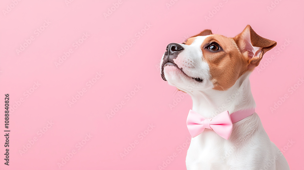 playful puppy wearing pink bowtie against pink background, exuding charm and joy. This adorable dog captures attention with its expressive gaze and stylish accessory playful puppy wearing pink bowtie against pink background, exuding charm and joy. This adorable dog captures attention with its expressive gaze and stylish accessory