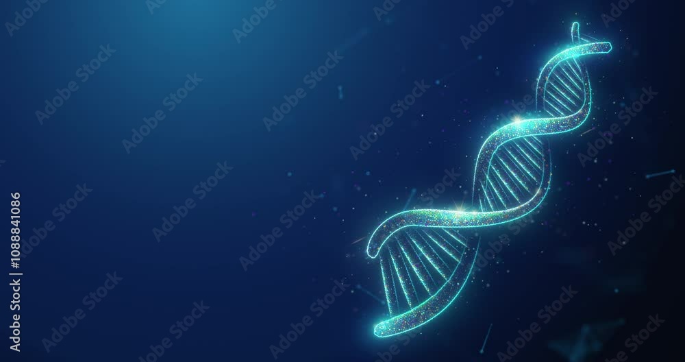 Abstract animated human DNA helix made of glowing neon particles. Human genome health care and genetic biotechnology medical concept. Genetics health 4K looped motion graphic on blue background Abstract animated human DNA helix made of glowing neon particles. Human genome health care and genetic biotechnology medical concept. Genetics health 4K looped motion graphic on blue background