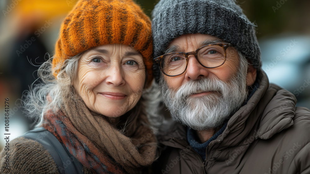 Senior couple enjoys a joyful moment outdoors in cozy attire during a chilly day in the park. Generative AI Senior couple enjoys a joyful moment outdoors in cozy attire during a chilly day in the park. Generative AI