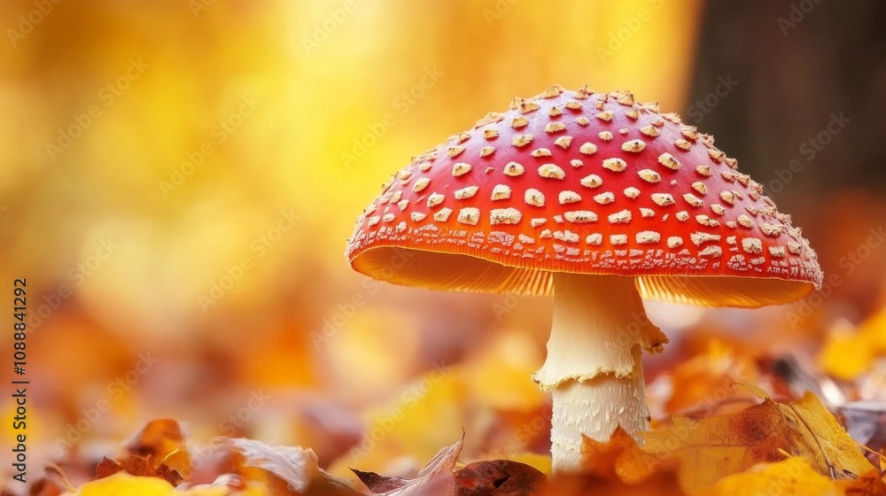 A Single Red Mushroom with White Spots in Autumn Leaves A Single Red Mushroom with White Spots in Autumn Leaves