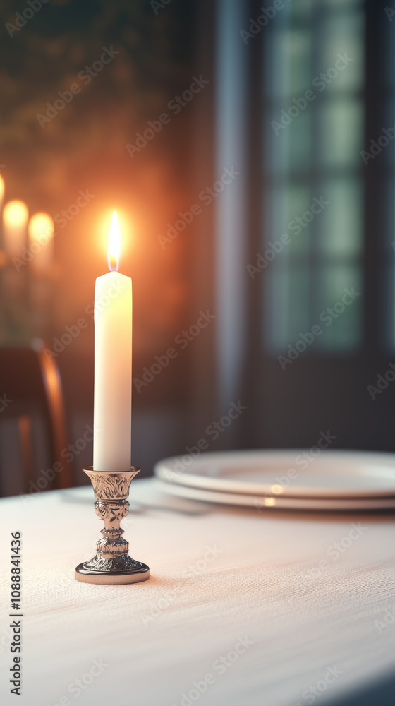 lit candle in silver holder on dining table, creating warm ambiance. soft glow enhances elegant setting with plates in background. valentine lit candle in silver holder on dining table, creating warm ambiance. soft glow enhances elegant setting with plates in background. valentine