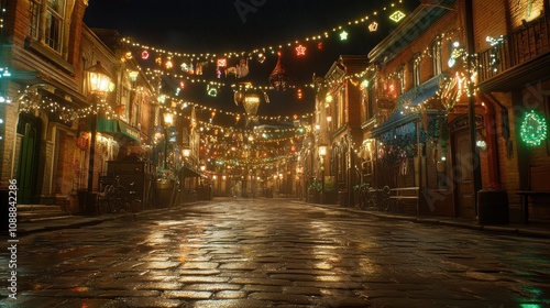 Festive night street, cobblestone road, colorful lights.