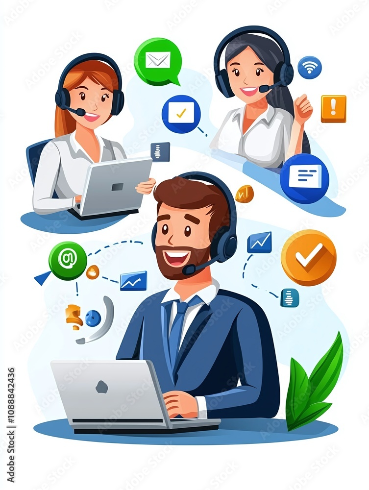 Customer Support Team Working on Laptops.