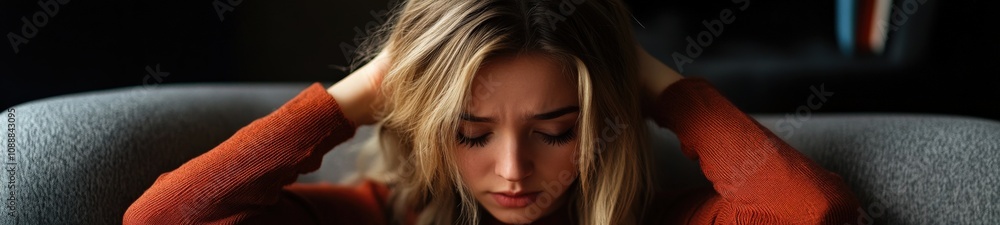 Surreal Portrait of a Blonde Woman Representing Anxiety in a Minimalist Analog Style Surreal Portrait of a Blonde Woman Representing Anxiety in a Minimalist Analog Style