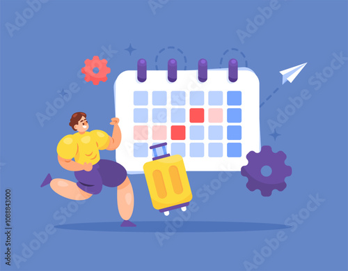 concept of schedule and vacation. setting and determining time for vacation. ready to go on holiday. illustration of a worker or employee with a calendar and suitcase. flat style design. elements