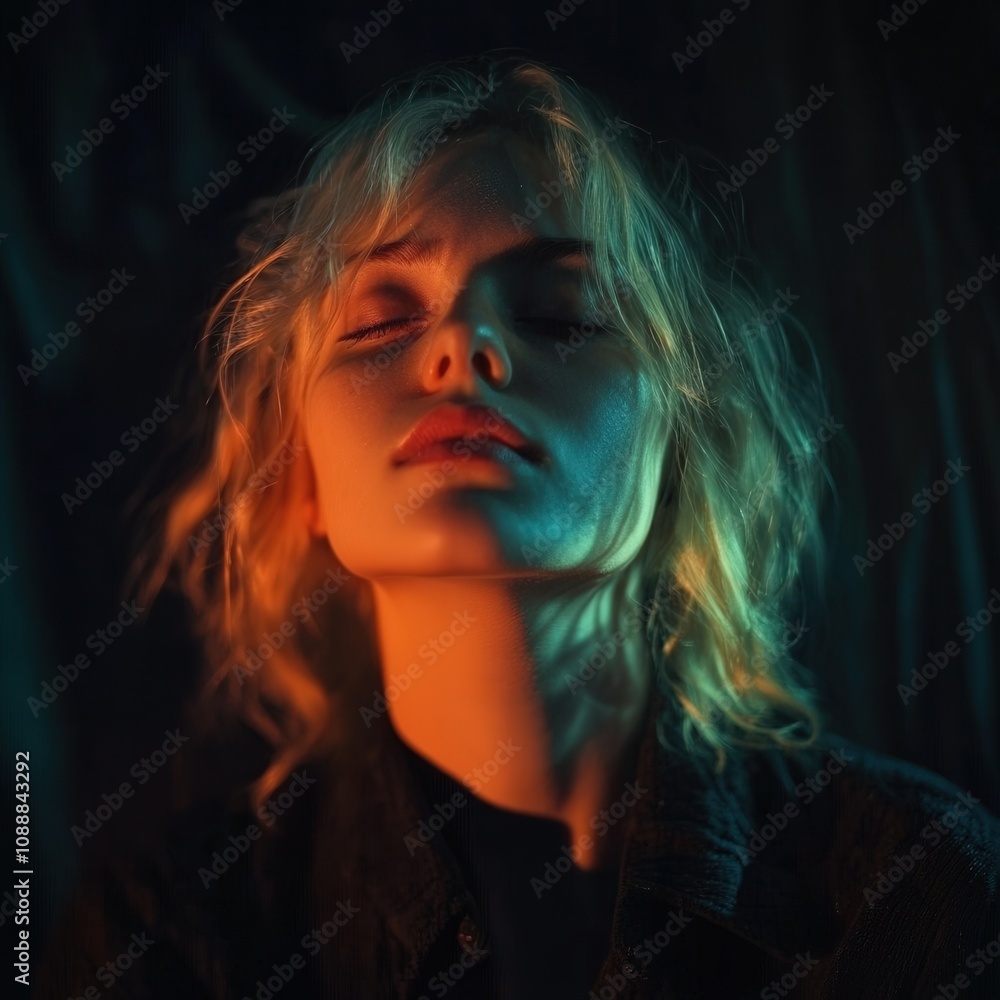 Surreal Portrait of a Blonde Woman Representing Anxiety in a Minimalist Analog Style Surreal Portrait of a Blonde Woman Representing Anxiety in a Minimalist Analog Style