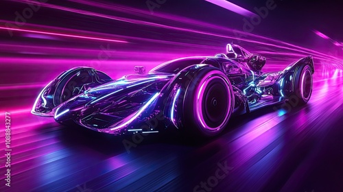 Driving a futuristic synth-wave vehicle in purple neon at night  photo