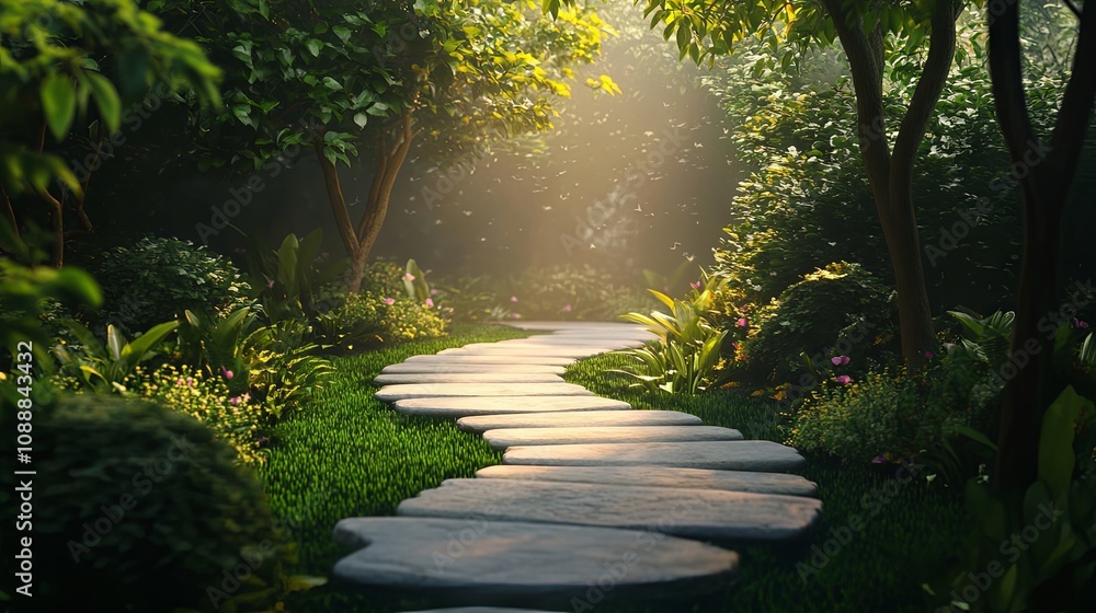 Serene Stone Path Through Lush Forest - Tranquil Nature Photography Serene Stone Path Through Lush Forest - Tranquil Nature Photography