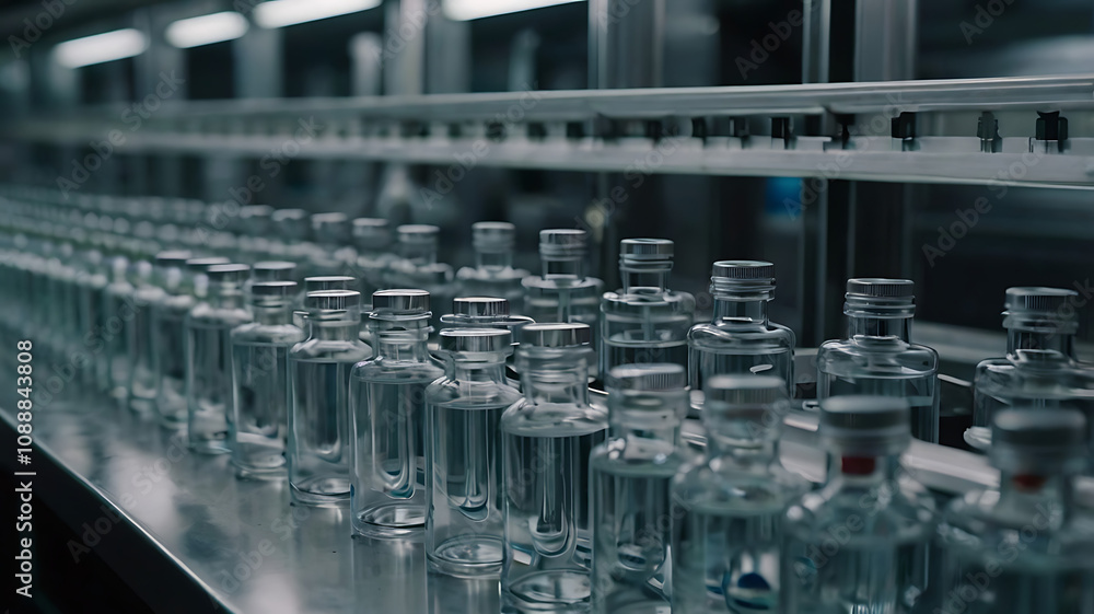 Close-Up View of Vials on a Pharmaceutical Production Line for Medicine Manufacturing