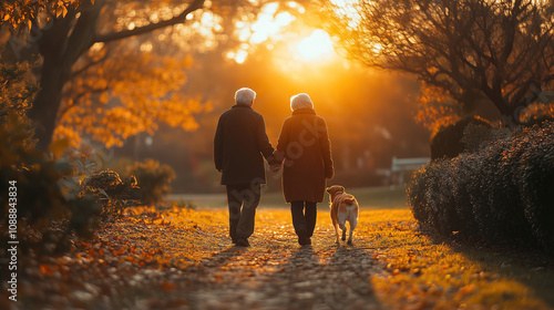 Elderly couple walking hand in hand with their dog during sunset in a park filled with autumn colors. Generative AI