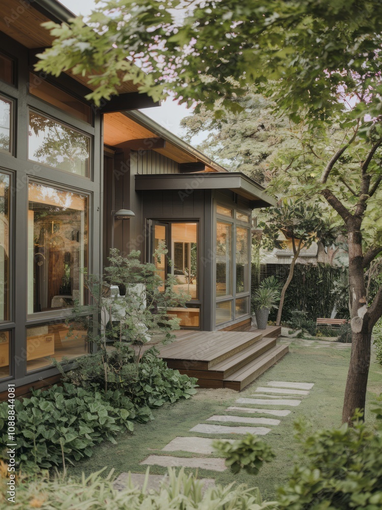 Fototapeta premium Modern Contemporary Home with Floor-to-Ceiling Windows and Beautiful Landscaping