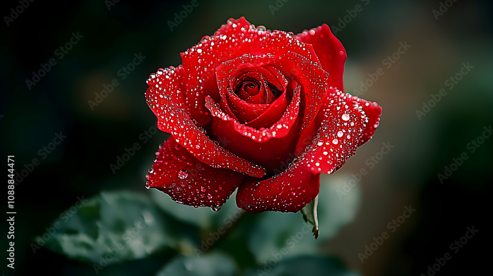 A Dew-Kissed Red Rose Blooms Vibrantly in Dark Green Garden A Dew-Kissed Red Rose Blooms Vibrantly in Dark Green Garden