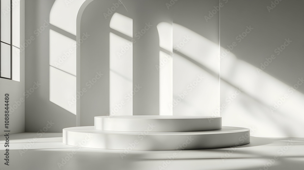 Sunlit Minimalist White Room with Two-Tiered Display Platform Sunlit Minimalist White Room with Two-Tiered Display Platform