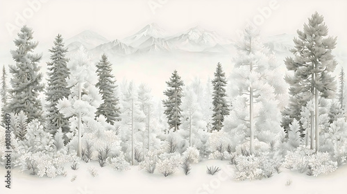 serene winter landscape featuring tall pine trees and distant mountains, enveloped in soft white tones. tranquil scene evokes sense of calm and peace