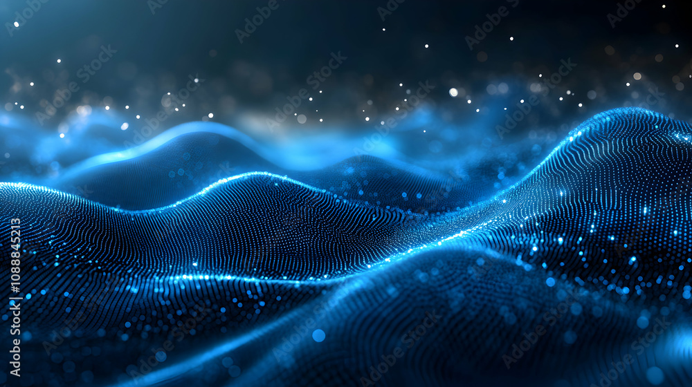 Abstract 3D Blue Particle Wave Background: Glowing Digital Landscape, Seamless Pattern, Technology Concept Illustration. Abstract 3D Blue Particle Wave Background: Glowing Digital Landscape, Seamless Pattern, Technology Concept Illustration.
