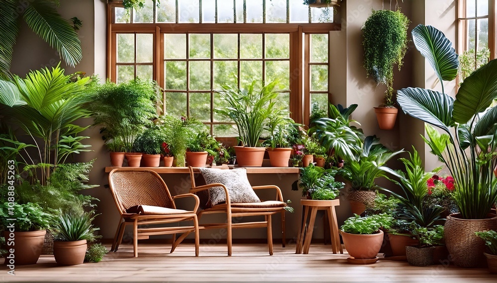 Stylish composition of home garden interior filled a lot of beautiful plants Stylish composition of home garden interior filled a lot of beautiful plants