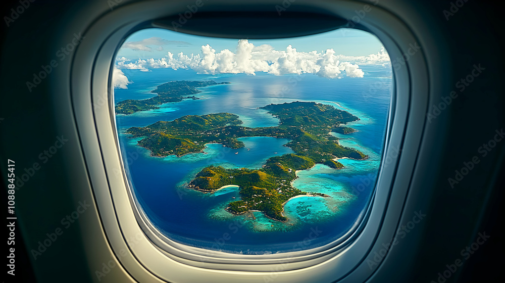 Aerial View of Tropical Islands Seen Through Airplane Window, Lush Green Foliage, Turquoise Waters, and Fluffy White Clouds in a Stunning Landscape Aerial View of Tropical Islands Seen Through Airplane Window, Lush Green Foliage, Turquoise Waters, and Fluffy White Clouds in a Stunning Landscape