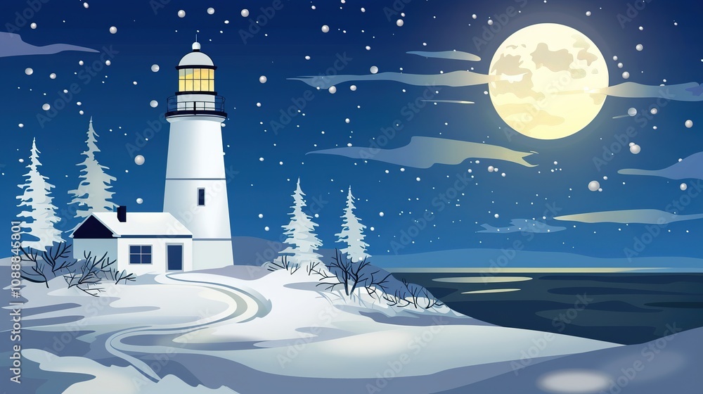 Naklejka premium Guiding Light: The Lighthouse’s Role in Winter Night