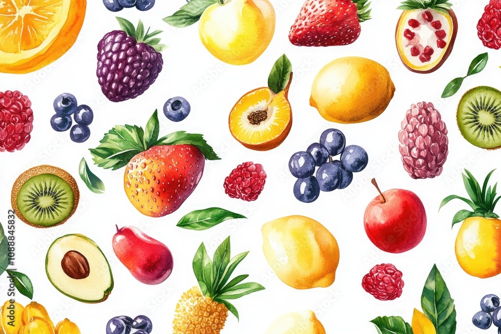 An image of fresh fruits in a patterned illustration. An image of fresh fruits in a patterned illustration.