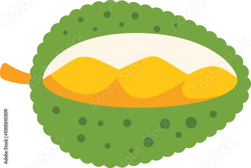 Ripe and opened durian fruit showing the yellow flesh inside, exotic fruit ingredient