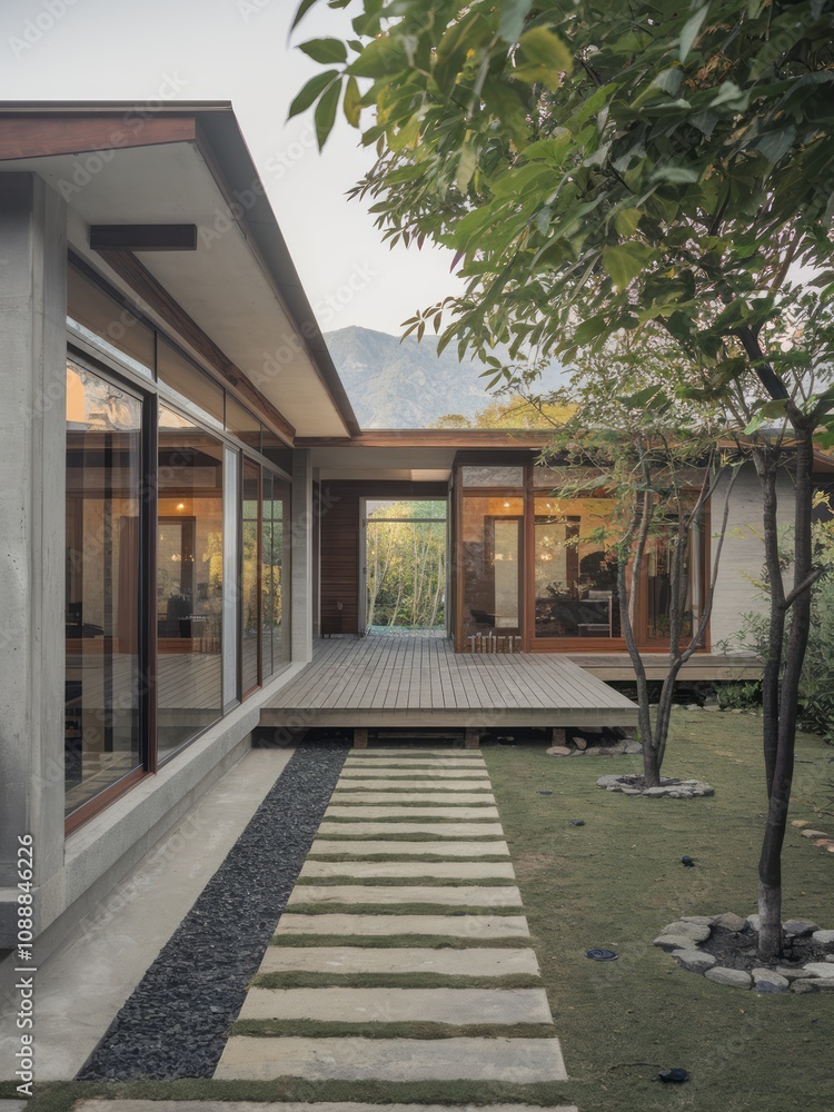 Fototapeta premium Modern Contemporary Home with Floor-to-Ceiling Windows and Beautiful Landscaping