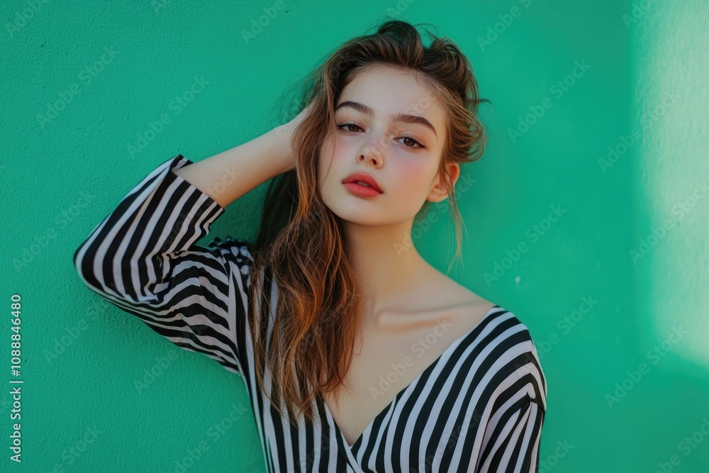 Portrait of young woman modeling for fashion with a casual, stylish look against an urban backdrop. Portrait of young woman modeling for fashion with a casual, stylish look against an urban backdrop.