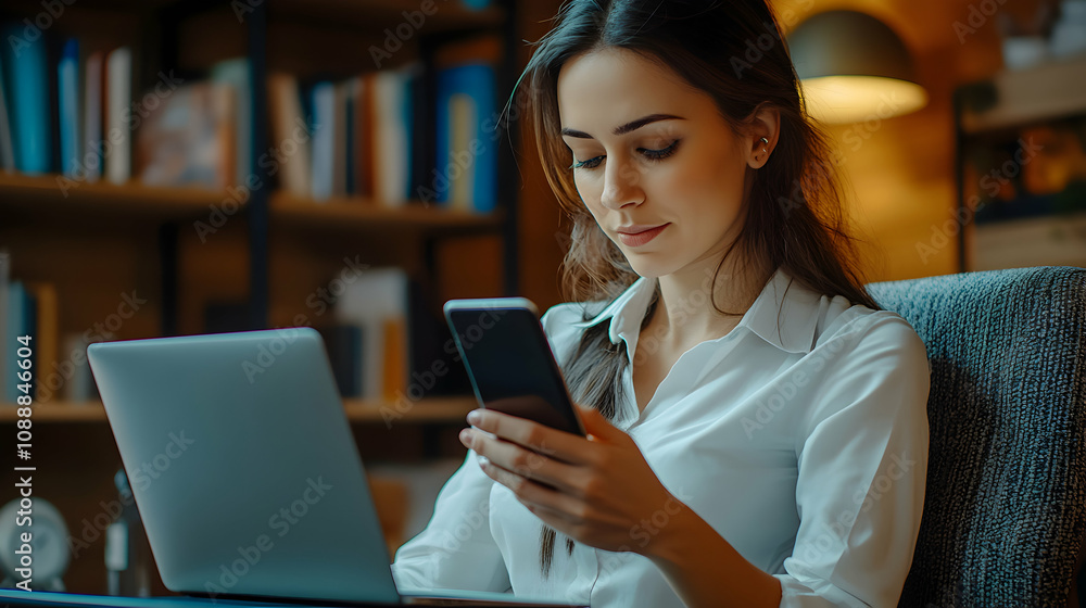 Woman in white shirt reads text message on smartphone in a cozy library setting, near laptop. Woman in white shirt reads text message on smartphone in a cozy library setting, near laptop.