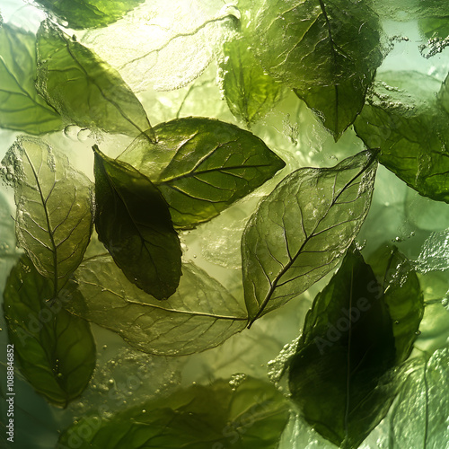 green mint leaves infused in water photo