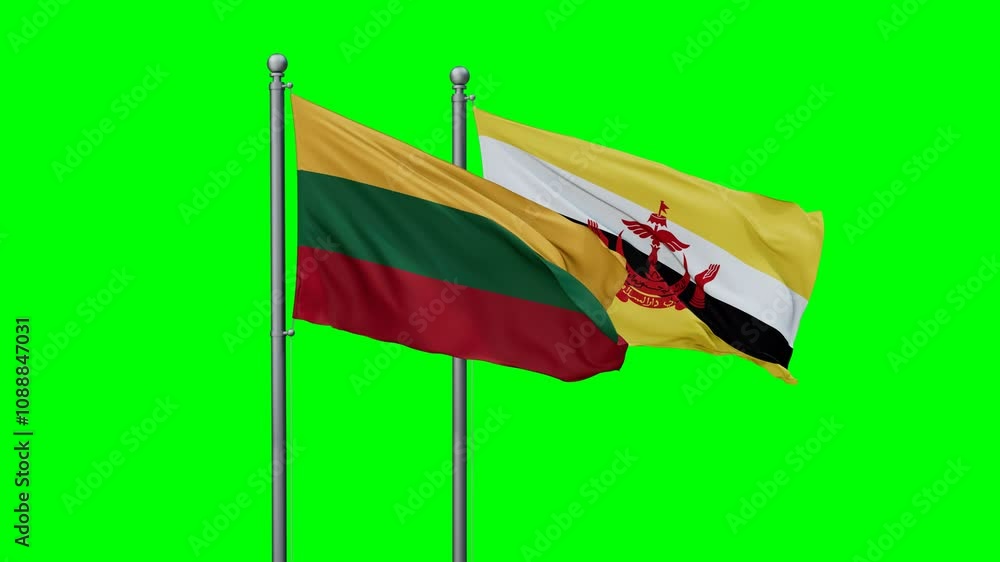 Lithuania and Brunei flags flying together, video concept of the relationship with colored chroma key for easy background remove Lithuania and Brunei flags flying together, video concept of the relationship with colored chroma key for easy background remove