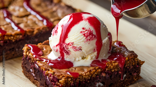 Warm brownie topped with vanilla ice cream and drizzled with raspberry sauce.